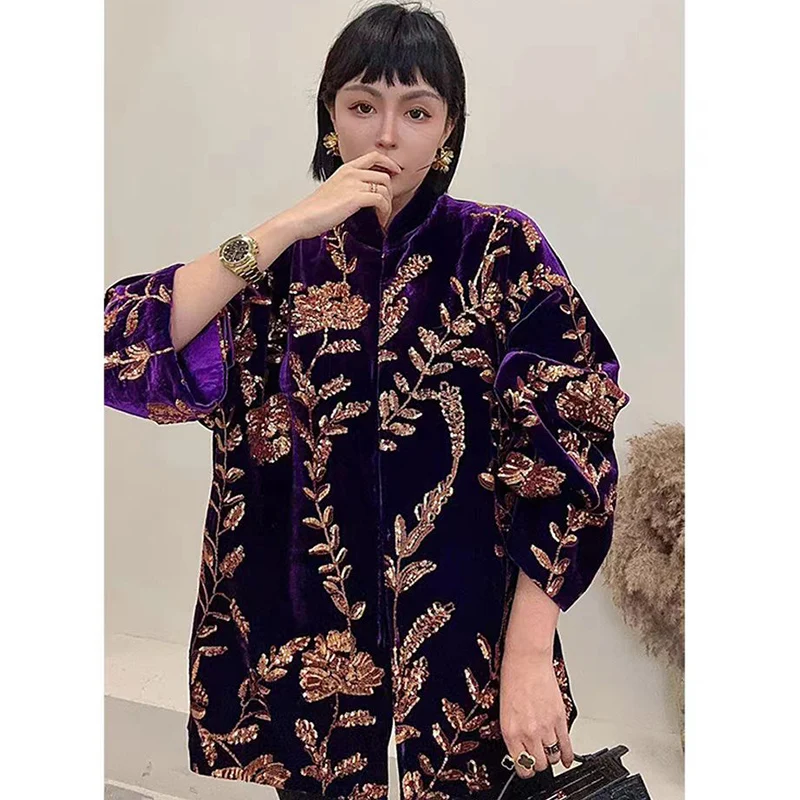 Autumn 2024 New Stand up Collar Superior Quality Hidden Button Super Beautiful Velvet Sequin + Embroidery Jacket Women S-XL