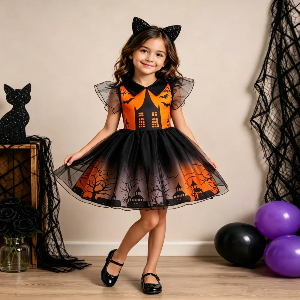 Girls' Halloween New Castle Print Witch Cosplay Gown Bow Embellished All Seasons Wedding Wear Performance