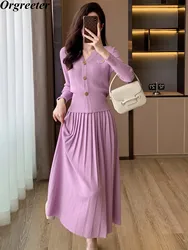 Elegant OL Purple Knitted Two Piece Set For Women Casual V-neck Single-breasted Pullover Sweater +  Pleated Skirt Sets