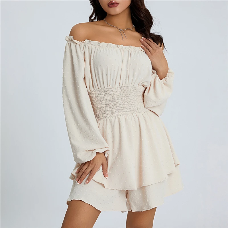 

Women Spring Summer Playsuits Sexy Long Sleeve Slash Neck Solid Color Beach Jumpsuits Short Overalls Boho Girls Rompers