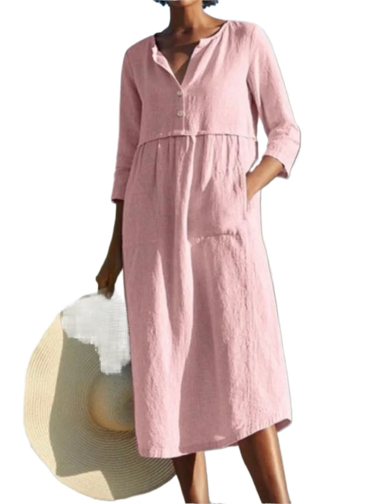 

Casual Solid Loose Dress For Women Fashion V Neck Three Quarter Pullover Dresses Robe Femme Summer Holiday Womens Clothing New