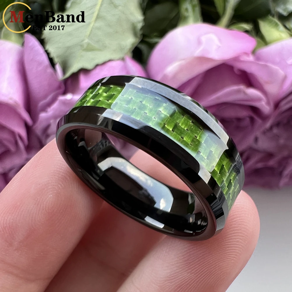 MenBand 6/8mm Tungsten Carbide Rings for Men Women Wedding Band Green Carbon Fiber Inlay Fashion Jewelry Beveled Comfort