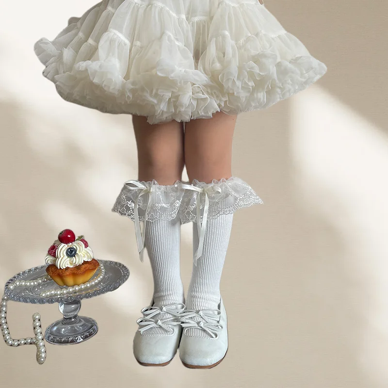 2026 Childrens Sweet Ruffle Lace Knee High Socks for Girls Soft Cotton Kids Long Socks with Bow Detail for Princess Dress Up