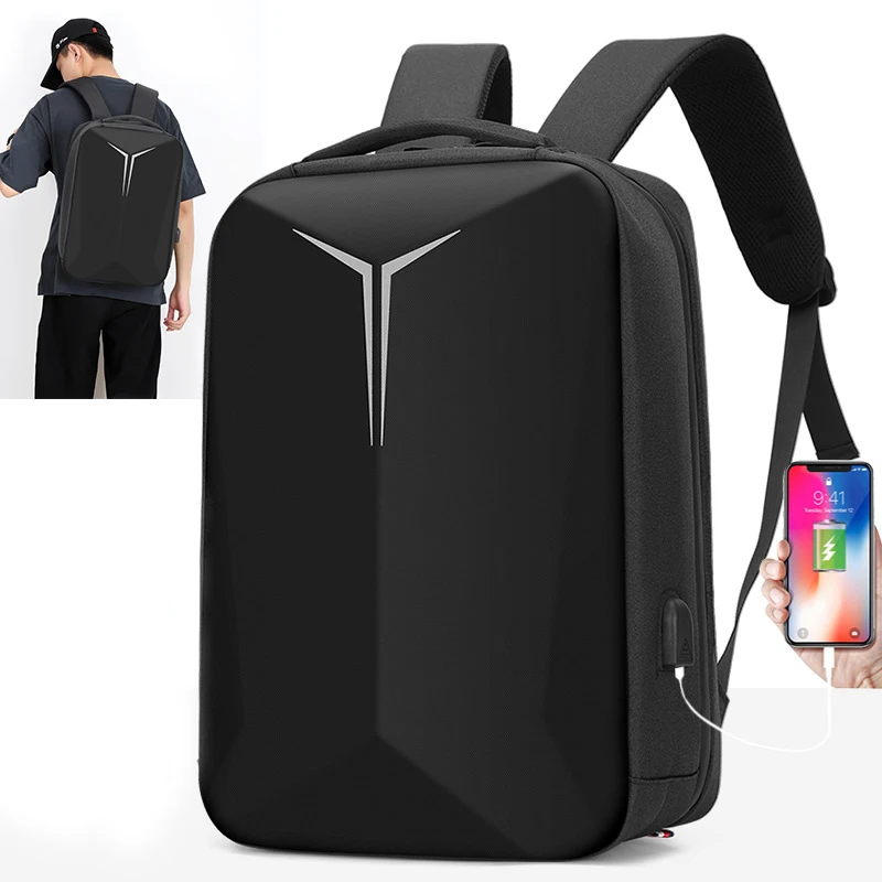 Men Black Hard Shell Business Leisure Travel Multifunctional Computer Backpack With Charging Port Waterproof Breathable Durable