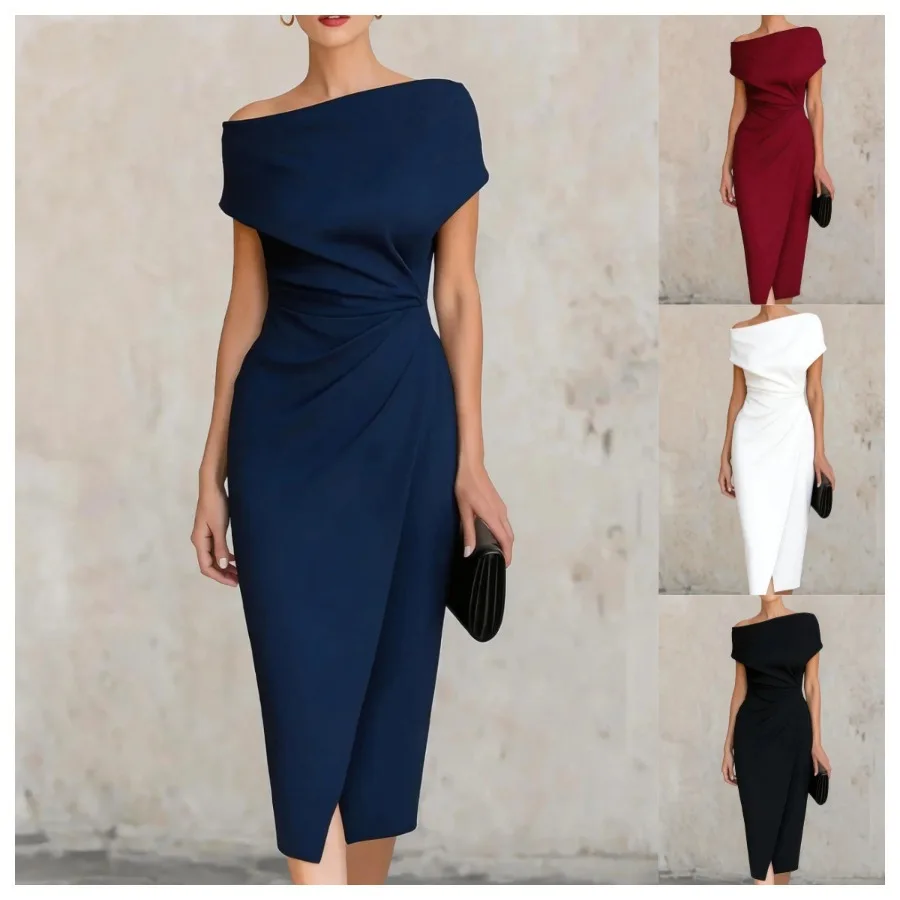 

ХИТ! Новинка 2026 года: Европейское и американское платье с одним открытым плечом, плиссированное, с разрезом, для банкетов и повседневной носки.