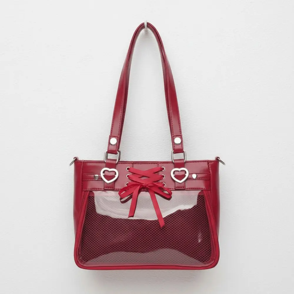 

Satin Lace Up Leather Clear Ita Bag Glossy Surface Silver Hardware Ribbon Crossbody Purse Dual Strap Compact Size