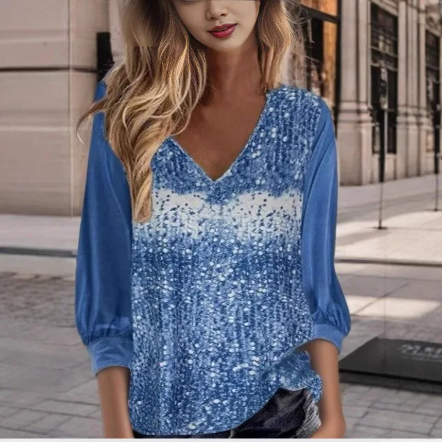 بلوفر علوي لربيع وصيف 2025 برقبة على شكل حرف v مع ألواح مطرزة وأكمام جرس عصرية تي شيرت نسائي #2