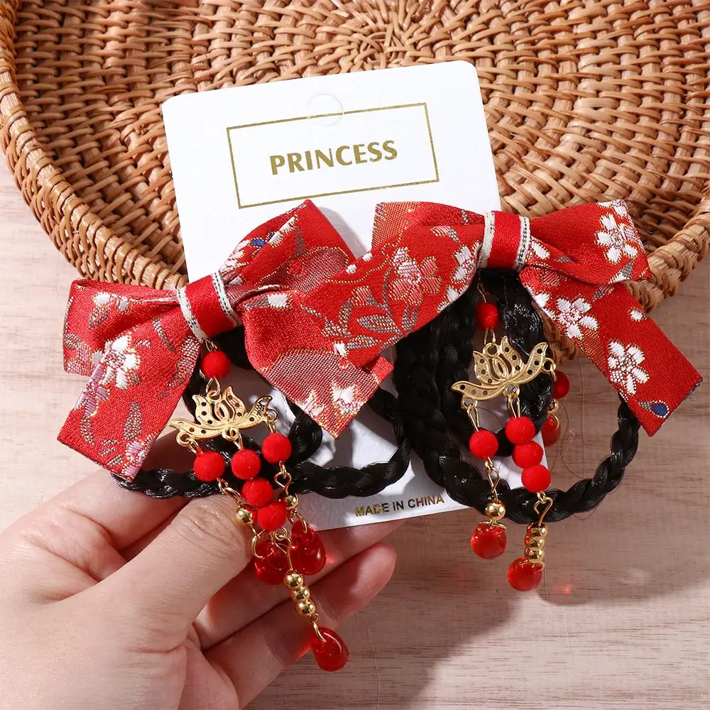 

Cute Sweet Hanfu Headdress New Year Festive Tassel Cloth Female Side Clip Wig Braid Hairpin Bow Hairpin Hair Accessories