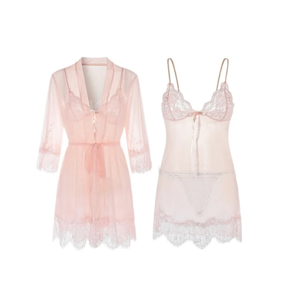 

Transparent Lace Suspender Nightdress Backless Ice Silk Mesh Sling Nightgown Women Lingerie Deep V Neck Sleepwear Robe Set Gift