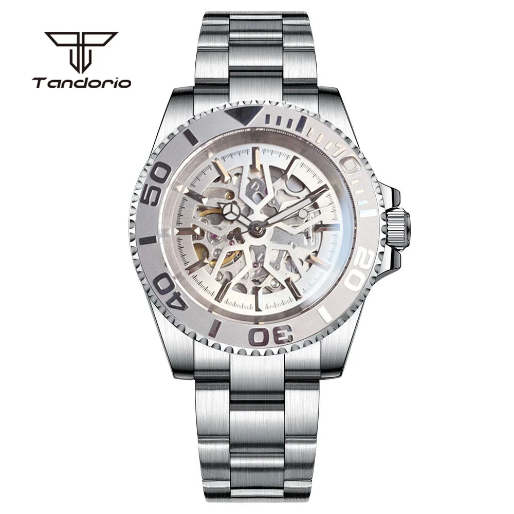 Tandorio Hollow Dial NH70 Movt Skeleton 40mm Dive Automatic Watch for Men Sapphire 120 Clicks Bezel Stainless Steel Wristwatch