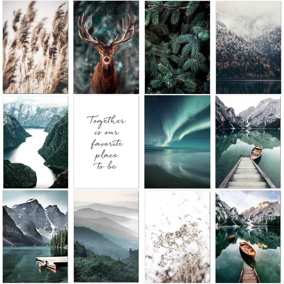 

Nordic Green Mountains River Marble Emerald Boat Aurora Reed Foggy Canvas Painting Poster Forest Elk Living Room Decoration