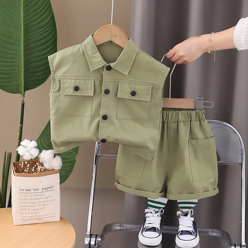 2024 Boutique Baby Boy Summer Sets Clothes for Kids Boys 2 To 3 Years Solid Color Single Breasted Sleeveless Shirts Shorts Suits