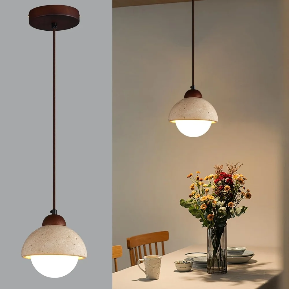 Wabi Sabi Pendant Light with Natural Stone Wood Jepanese Mini Hanging Light Fixture for Bedside Reading Kitchen Island Hallway