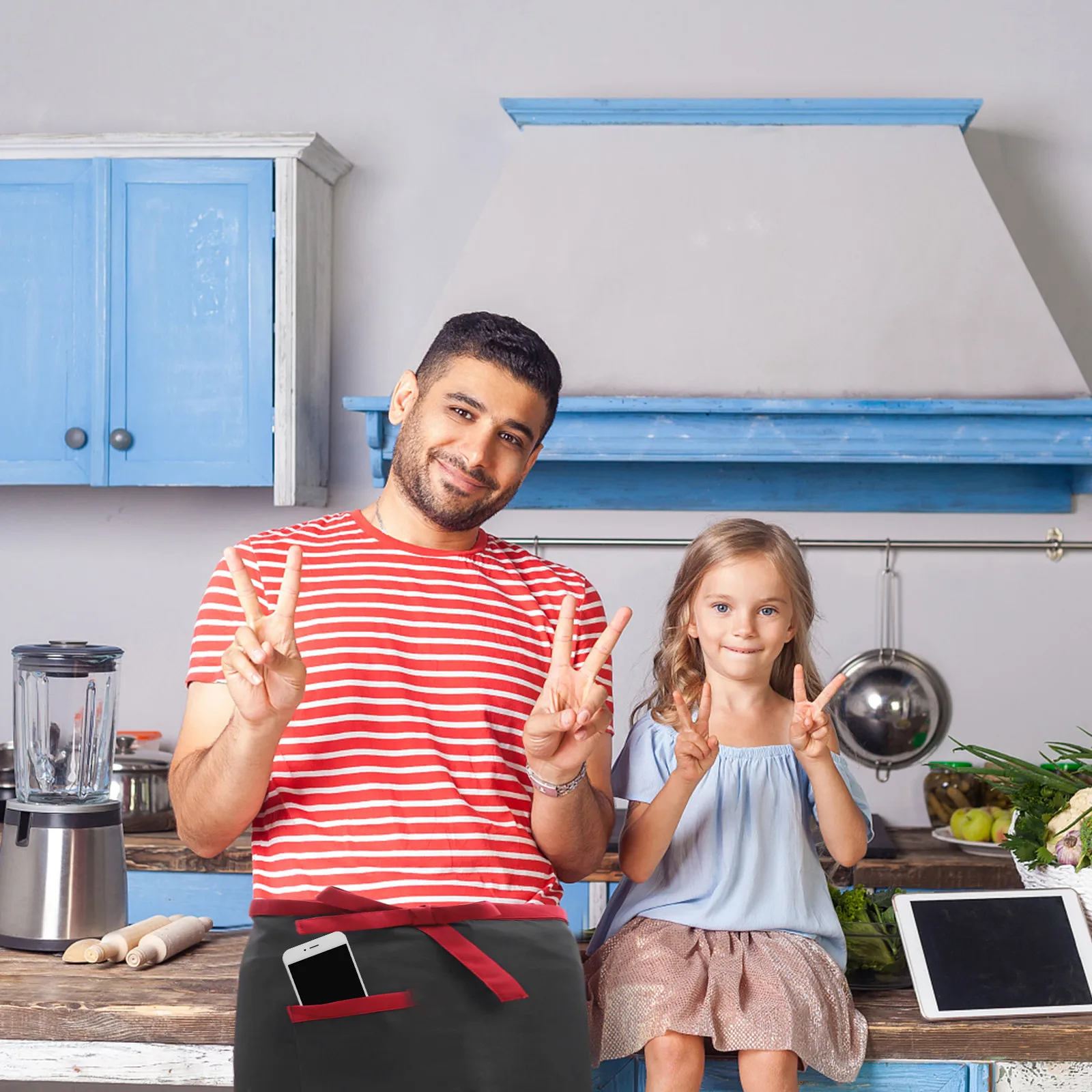 1Pcs Kitchen Half-Length Apron Short Waist Shrink-Proof Chef Waiter Work Pocket Catering Cooking Staff Uniform