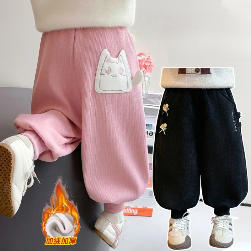 Girls Fleece Lined Pants Autumn Winter Fashion Sporty Style Integrated Velvet Baby Girls Casual Long Trousers Warm Comfortable