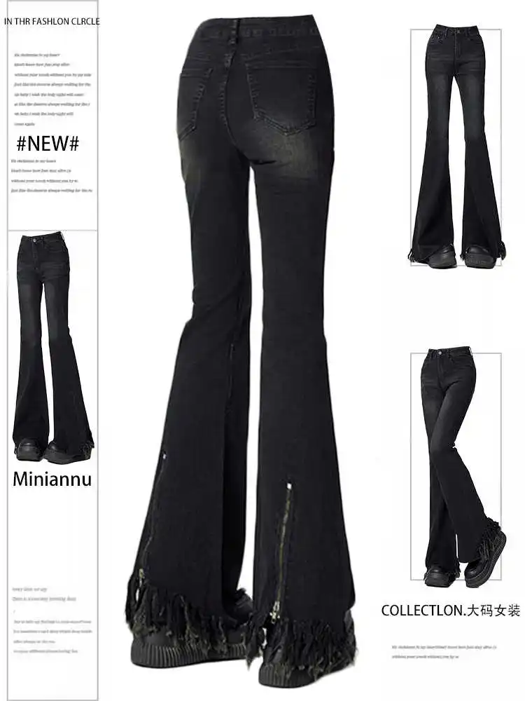 

Женские расклешенные джинсы Черные джинсы с кисточками Bootcut Длинные брюки Американский ретро Gyaru High Street Джинсовые брюки 2000-х годов Y2k Bell Bottom