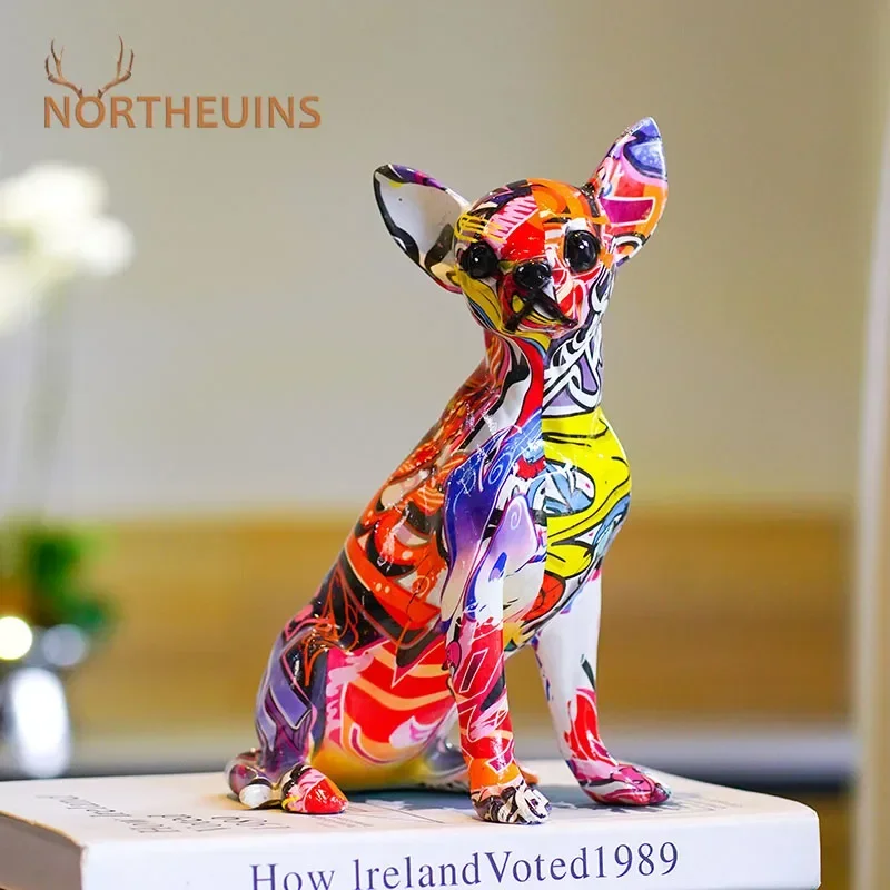 NORTHEUINS Resin Graffiti Chihuahua Dog Sculpture Animal Statue Pop Art Interior Home Living Room Decoration Modern Object Item