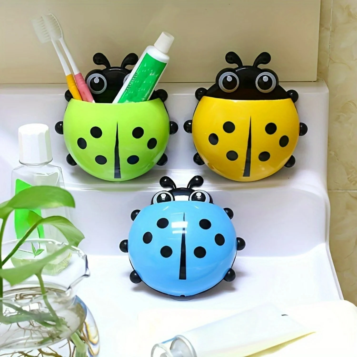 1Pcs Ladybug Animal Insect Toothbrush Holder Bathroom Cartoon Toothbrush Toothpaste Wall Suction Holder Rack Container Organizer