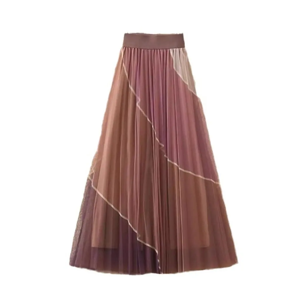 

Women's High Waist A-Line Skirt Mid-Length Contrasting Mesh Pleated Draped Elasticated Fairy Skirt