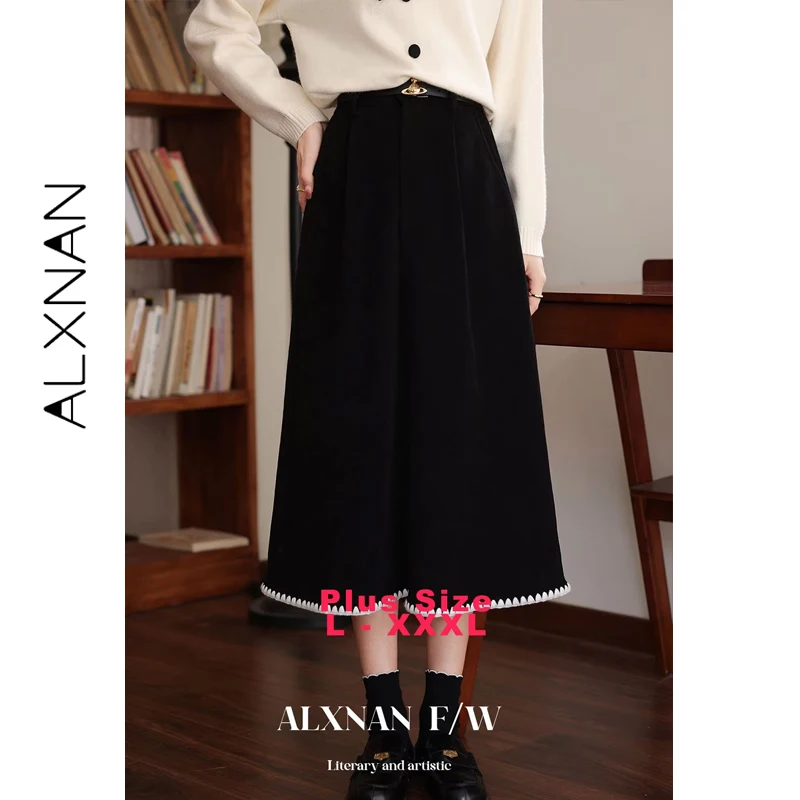 

ALXNAN Plus Size Skirt for Women 2025 Autumn Winter Black High-waist Skirts Long A-line Office Lady Warm Female Clothing DM00235