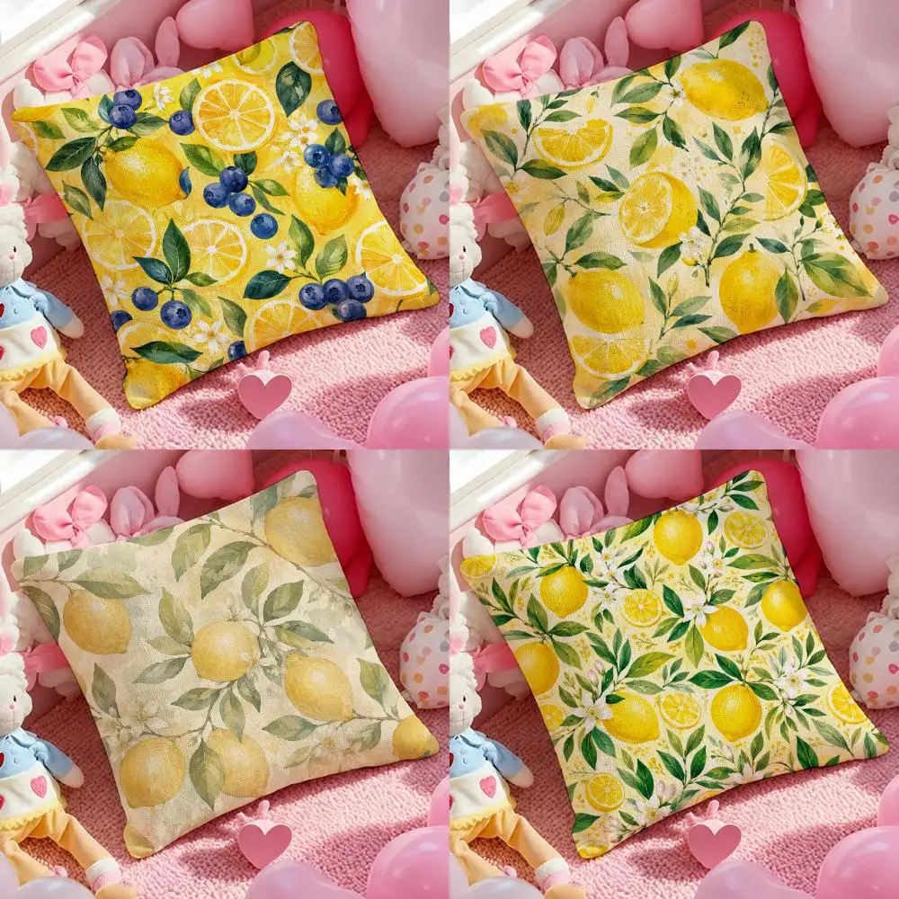Art Fruit Lemon Cushion Cover Pink Linen Texture Cushion Cover Double Sided Invisible Zipper Deco