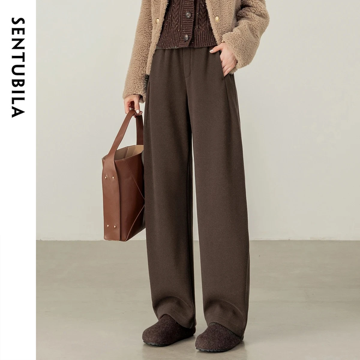 SENTUBILA 캐주얼 루즈 팬츠 여성 가을 겨울 2025 솔리드 다용도 포켓 팬츠 니트 출퇴근 여성 바지 154KN2818