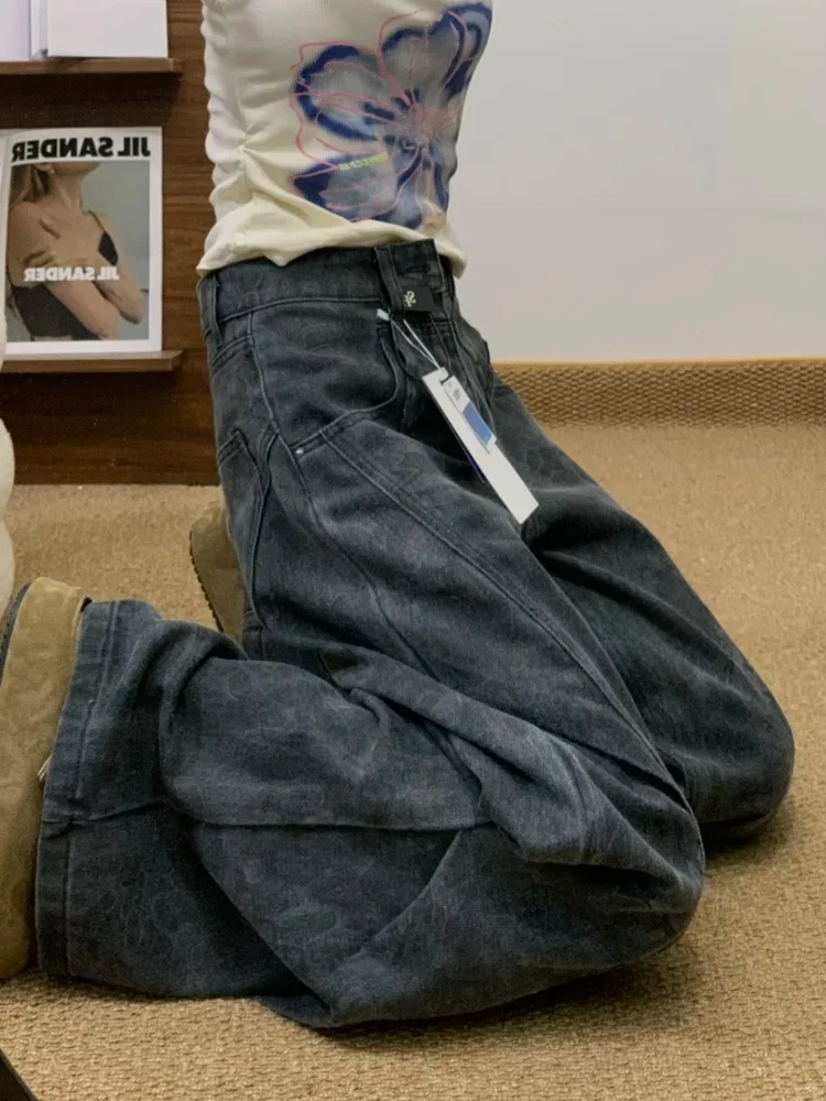 

Женские джинсы с высокой талией и широкими штанинами в американском стиле, с принтом, из денима, осенние, прямого кроя, стройнящие брюки