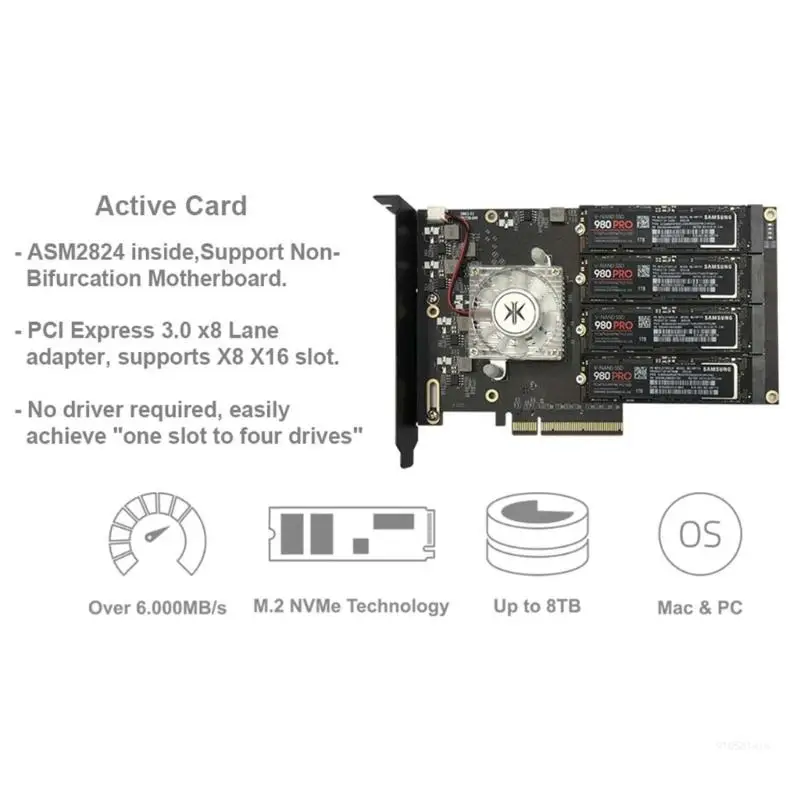 Pcie4.0 x16 to m.2 M-Key NVME 4 SSD Expansion Card Supports 4 NVMe M.2 2280 64Gb Dropship