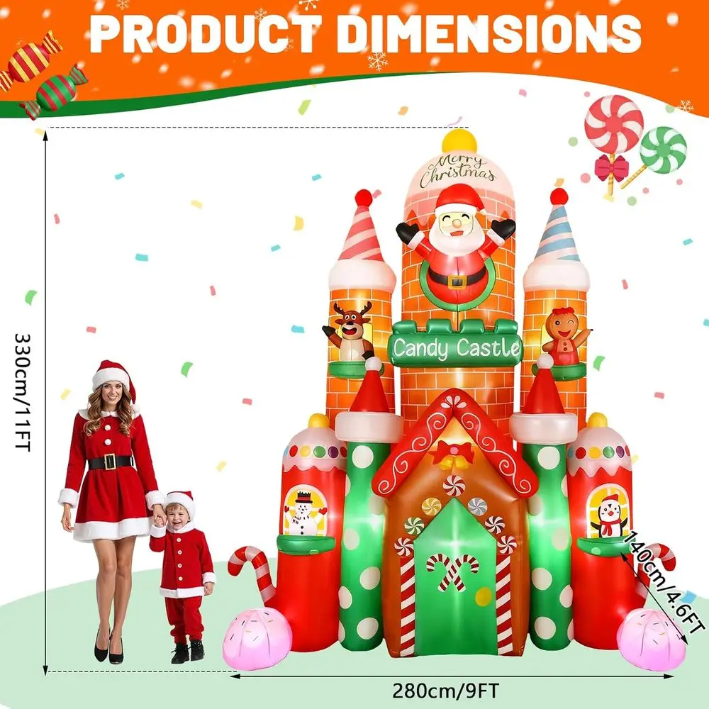 Castelo de Doces Gigante Inflável 11T para Decoração Externa com Luzes LED Integradas, Inflável com Papai Noel, Rena e Biscoito de Gengibre