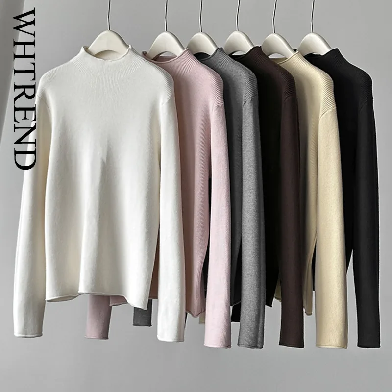 

WHTREND осенний новый пуловер с высоким воротником и длинными рукавами для женщин, мягкий вязаный топ, однотонный свитер WH2046