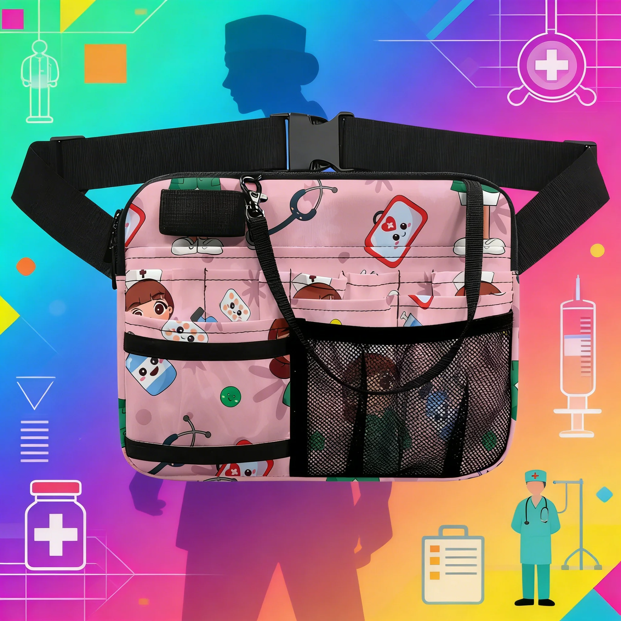 rainbow-nurse-fanny-pack-with-tape-holder-cute-medical-print-waist-bag