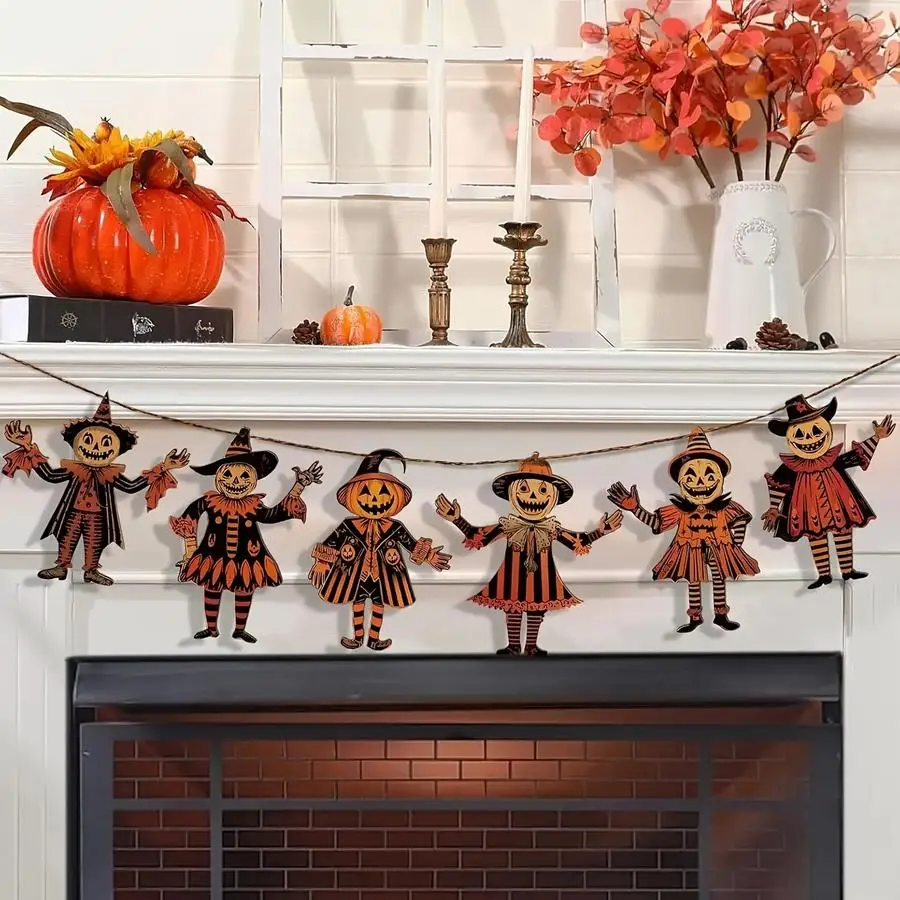 1/5/10/20/50/100pcs Set of 6 Vintage Wooden Hanging Banners - Wall Decor Featuring Witches and Pumpkins with Black and Orange St