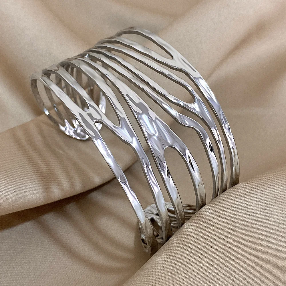 Irregular Geometric Hollow Stainless Steel Cuff Bracelet Exaggerated Gold Silver Color Wide Open Bangles Waterproof Jewelry