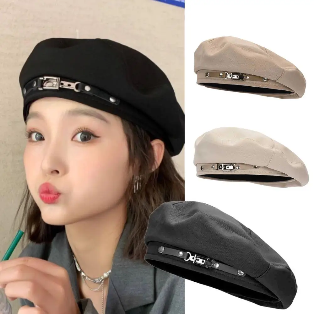 

Retro Handmade Beret Spring Autumn Women Black Cap Beige Beret Khaki Painter Hat Female Temperament Sense Cap With Metal Buckle