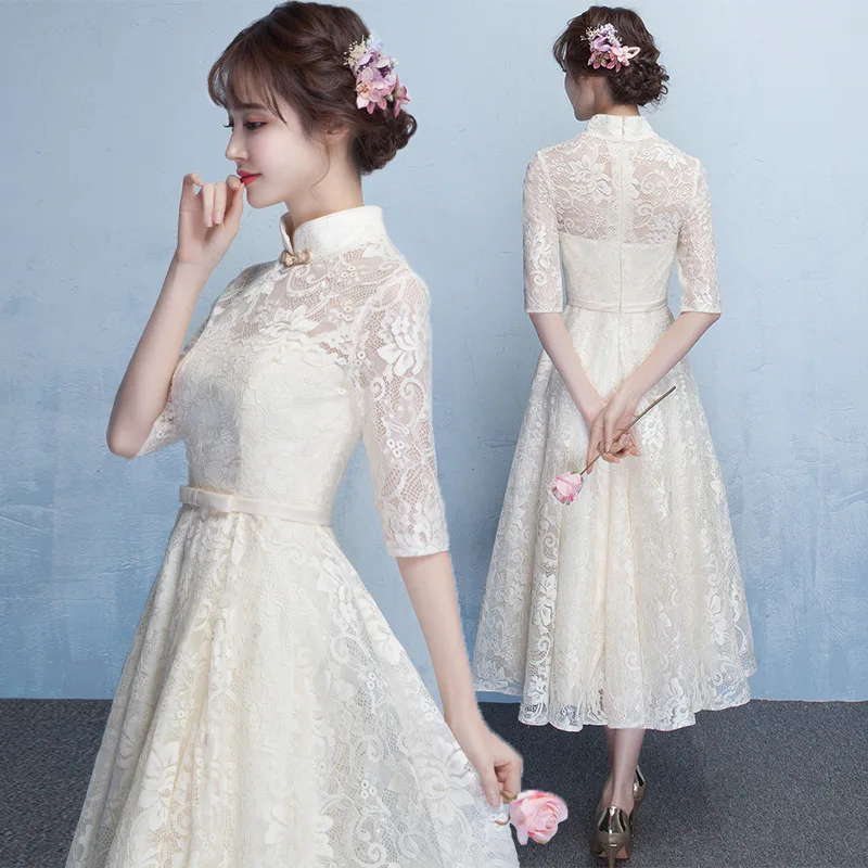 Robe de demoiselle d'honneur chinoise, robe de soirée élégante à manches mi-longues, longue robe de mariée améliorée, Cheongsam, nouvelle collection printemps/été 2025