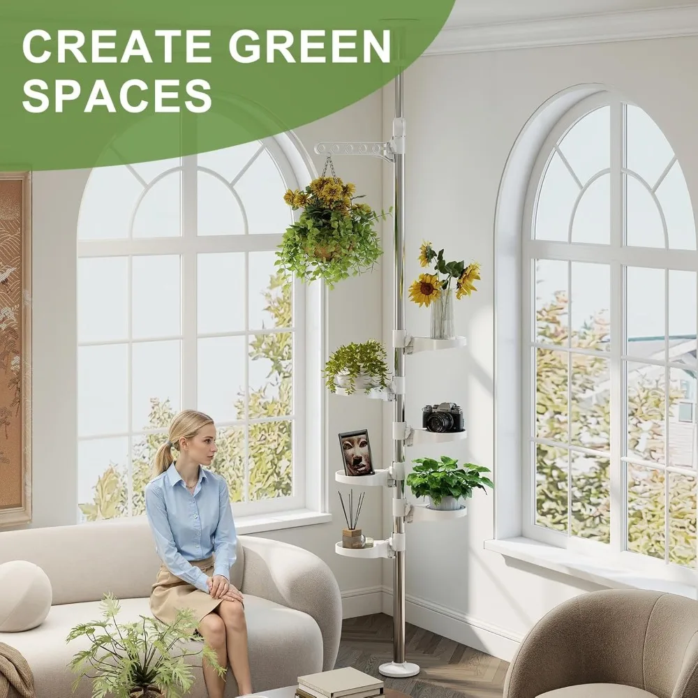 حامل نباتات داخلي مكون من 7 طبقات، عمود توتر زنبركي، رف عرض معدني على شكل زهرة، رف زاوية موفر للمساحة، عاجي #5