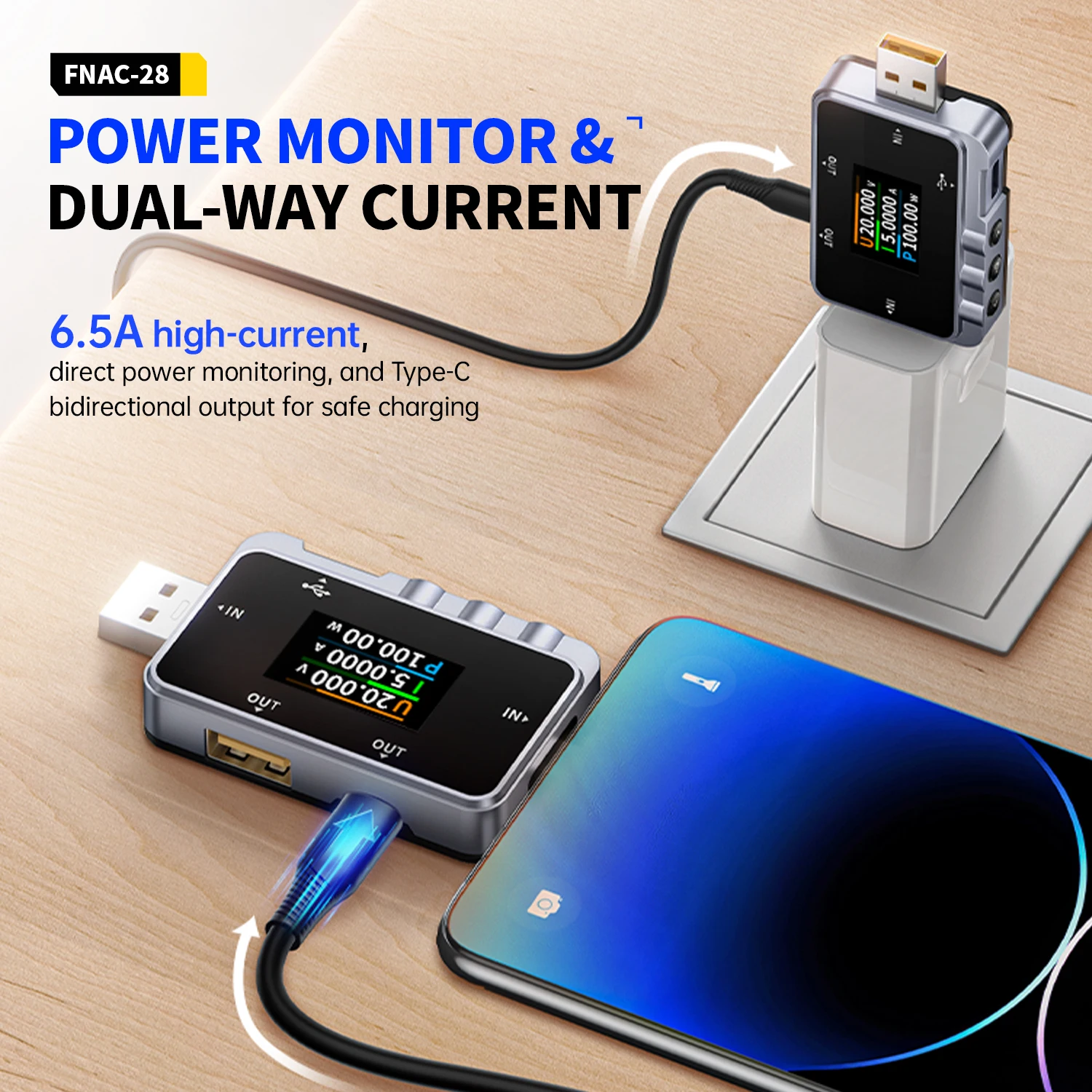 FNIRSI FNAC-28 2 في 1 Type-C USB تستر الفولتميتر الرقمي مقياس التيار الكهربائي الجهد الحالي متر قوة البنك شاحن قياس