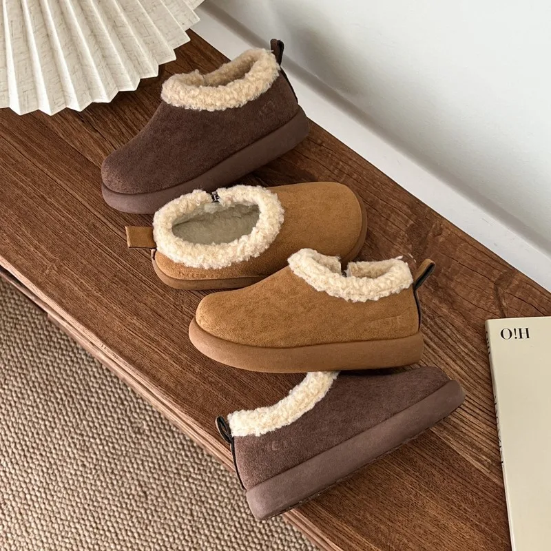 Children's Brown Suede Ankle Snow Boots Fleece-Lined Side Zipper Warm Winter Non-slip Indoor/Outdoor Footwear for Children