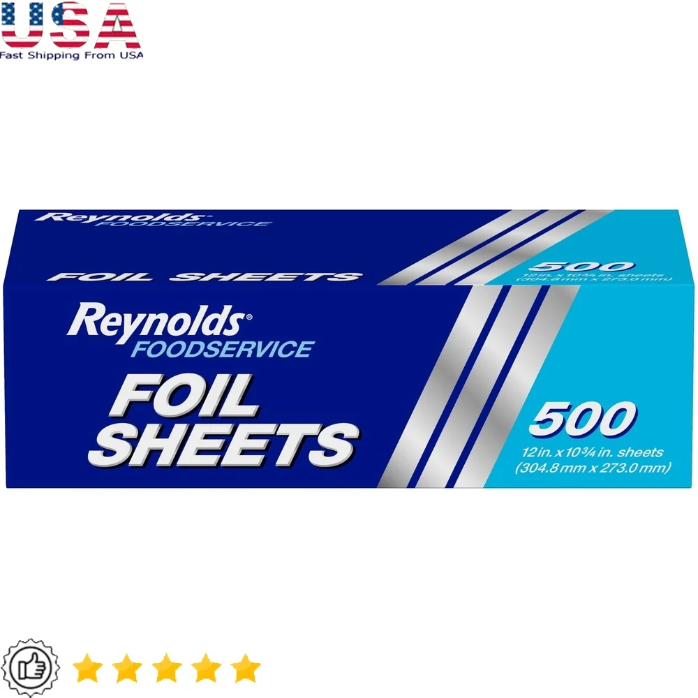 

Pre-Cut Aluminum Foil Sheets 500 Count Food Service Wrap Convenient Pop Up Design Disposable Sheets Catering Restaurants Home