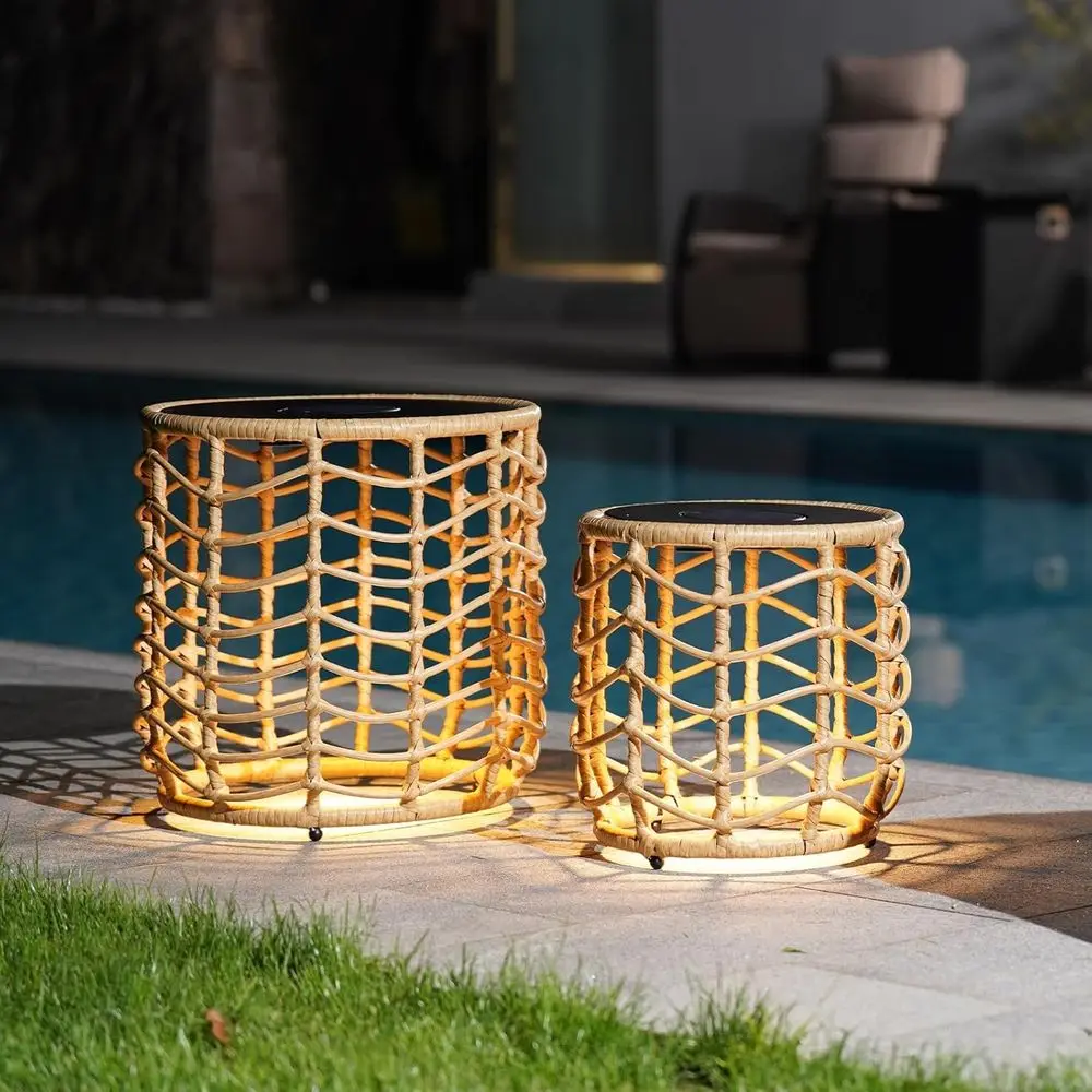 

Weather-Resistant Wicker Nesting Tables with Built-in Lights, Ideal for Outdoor Living Spaces