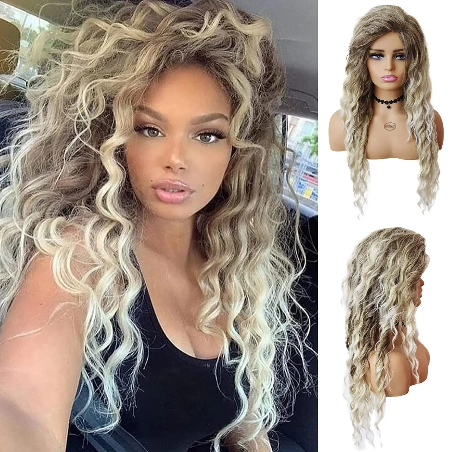 

Blonde Wig Synthetic Long Curly Hair Wigs for Women Fluffy Ombre Hairstyle 80s Wig Costume Carnival Party Regular Curly Wig