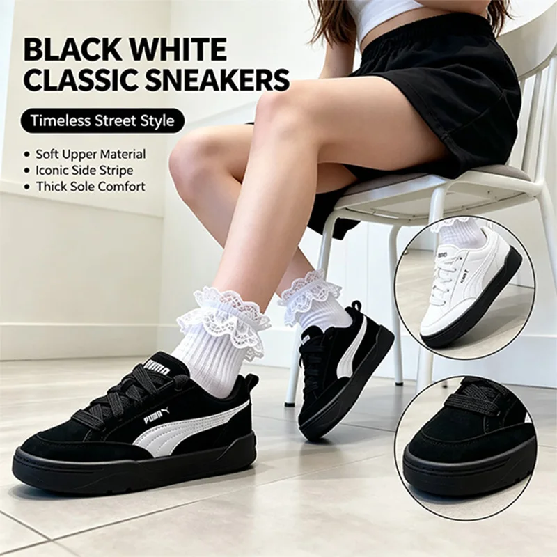 Men Puma 401606-15 Black White Suede Low Top Skate Shoes, Retro Thick Lace Casual Sneakers For Street Walking, Daily Outdoor