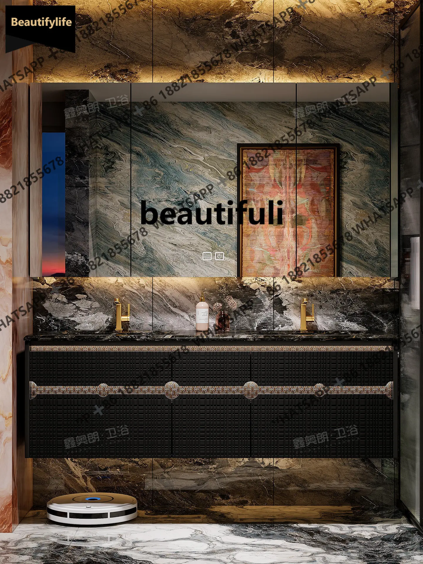 S178 High-end Italian light luxury double basin bathroom cabinet combination bathroom imported texture board washstand