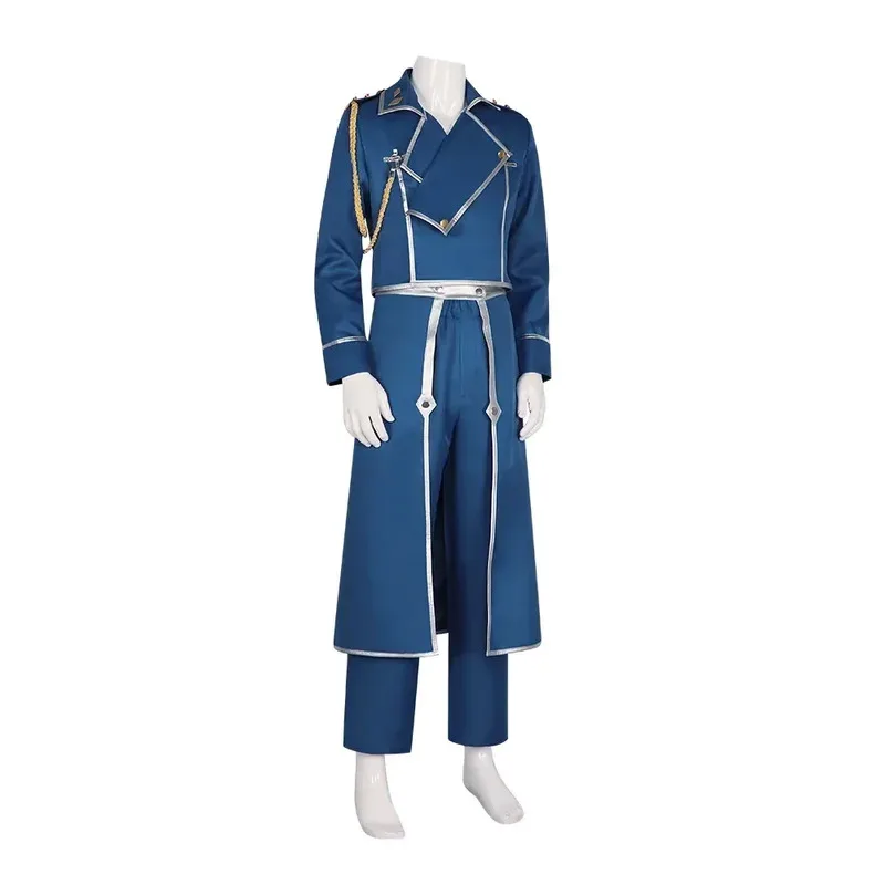 أزياء أنيمي Fullmetal الخيميائي روي موستانج أزياء تنكرية باللون الأزرق زي معطف وسراويل وقفازات لحفلات الهالوين كرنفال الزي للرجال