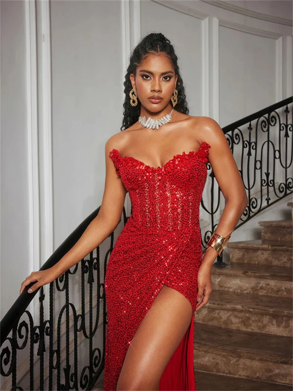 red evening cocktail dresses Short Red Formal Dress Lace Prom Dress With 1/2 Sleeves main image 1