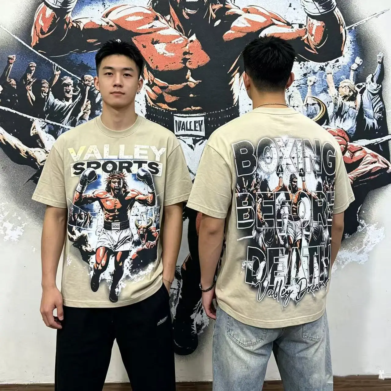Vale Valley American Style Short Sleeve T-Shirt Retro Washed Cotton Printed Boxer Summer Loose Fit Youthful Citywalk Casual Tee