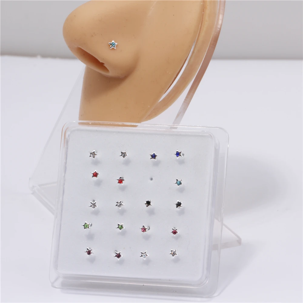 20Pc Nose Studs for Women Men Mix Color Star Shape Tiny Nose Bone Rings Body Piercing Jewelry Ear Nose Pin Ball End