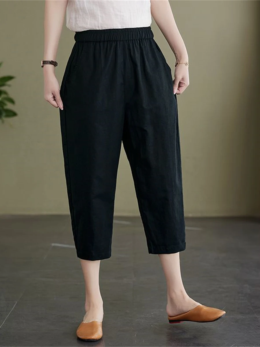 High Waist Cotton Linen Seven-Five Pants Women's Summer New Elastic Waist plus Size Slimming Thin Casual Harlan Pants Trendy