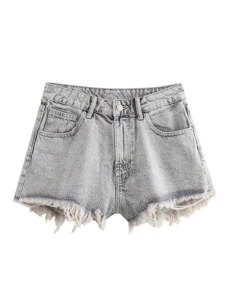 

KAOPU ZA Women with rhinestones denim ripped shorts vintage high-waist frayed hems female trousers mujer