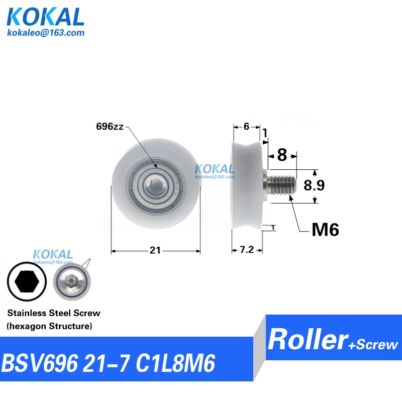 [V0621-7] 1PCS 696ZZ Ball Bearing Coated POM Plastic V-Groove Wheel for DIY Window Roller 6x21x7mm - Plastic Wheel with Screw